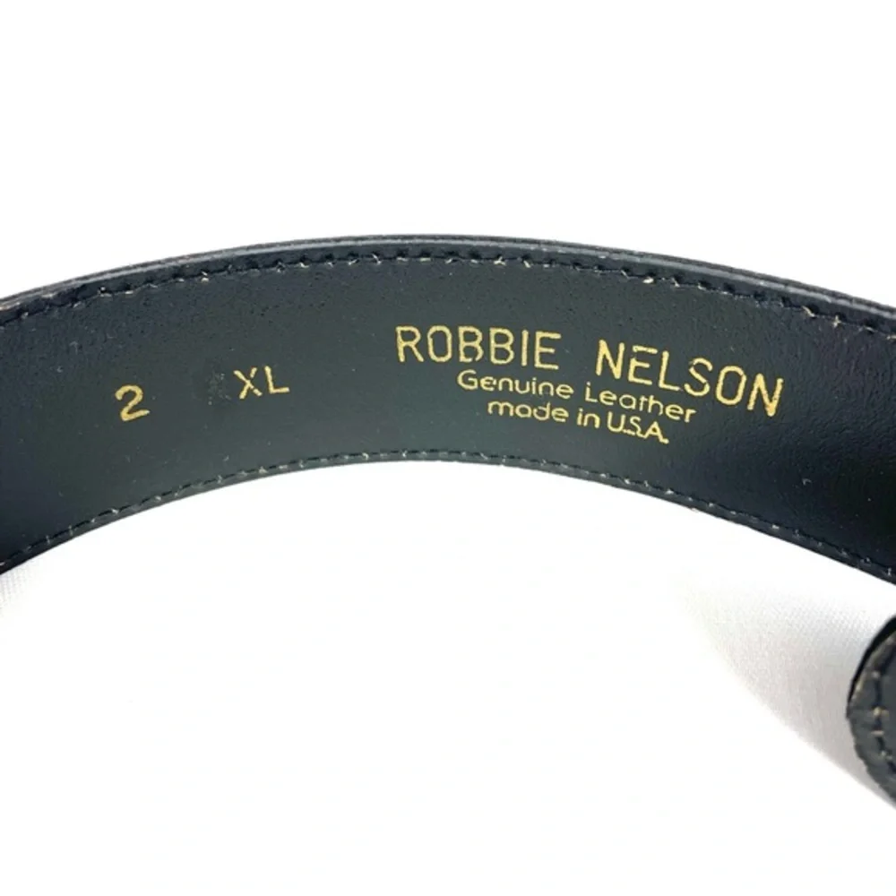 Vintage Robbie Nelson Black Leather Belt Gold Buckle USA Womens 2XL